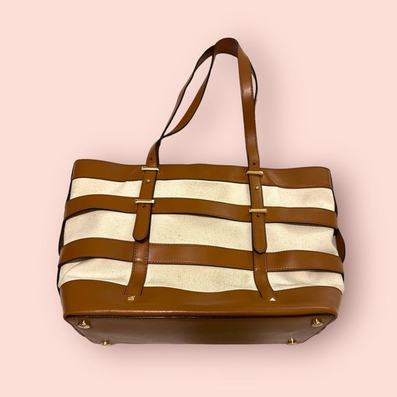 Michael Kors Marie Medium Cage Tote Bag Canvas‎ Leather Stripes - Picture 2 of 10